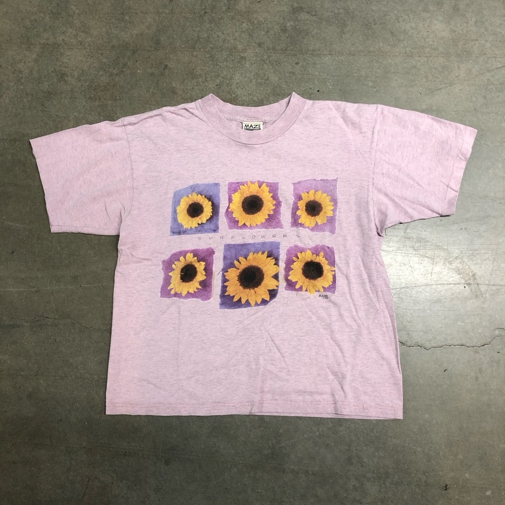 Vintage 90s MAZE Sunflower Graphic Print Pink Dyed Cropped T-Shirt Womens Medium